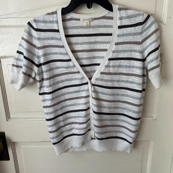 Caslon Striped Button Up V-Neck 100% White Cotton Knit Tee rn58665 - Picture 1 of 9